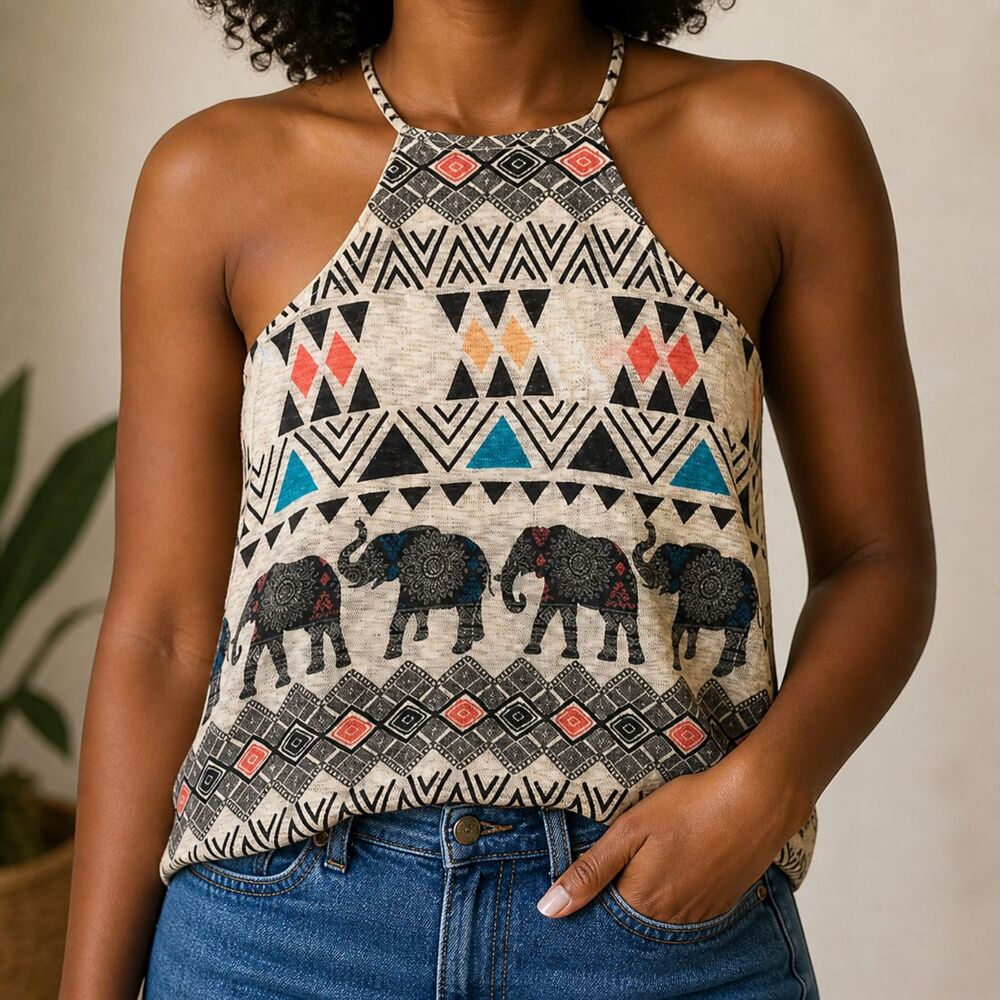 Gaze USA Tank Top Womens Boho Elephant Geometric Festival Summer